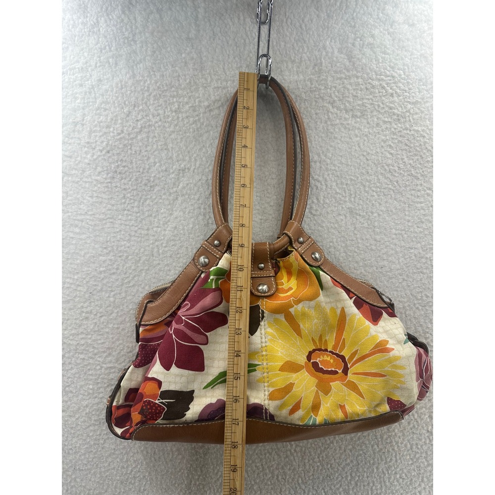 Fossil Floral Print Canvas Handbag Purse Satchel Brown Leather Trim - Picture 6 of 13